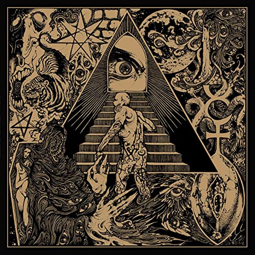 Detailed monochrome illustration of a figure ascending stairs toward an eye.