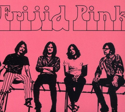 "Pink album cover with band members sitting on a fence, illustrated in black."