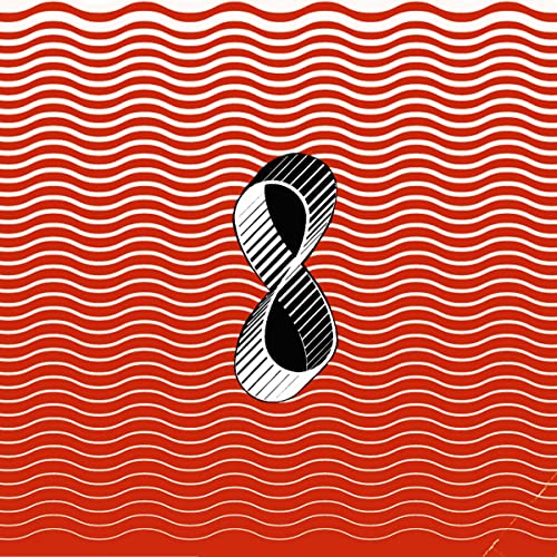 Red and white wavy background with a black and white infinity symbol.