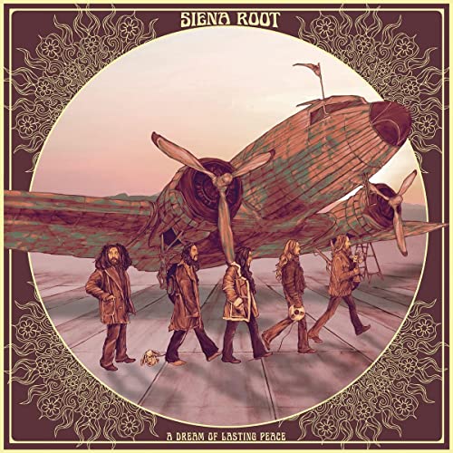 Album cover: vintage airplane and four figures in a field.