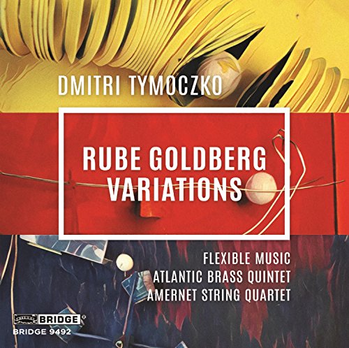 "Album cover with Rube Goldberg machine parts and white text on red, yellow, and black background."