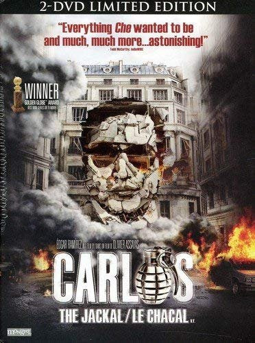 "Carlos the Jackal DVD cover with burning building and grenade illustration."