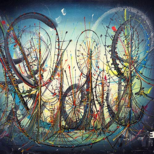 An abstract painting of three ferris wheels with colorful lines and splatters on a blue background.