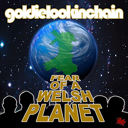 The image depicts a CD cover with a planet, text, and silhouettes. Alt text: "CD cover featuring a green and blue planet and silhouetted figures."
