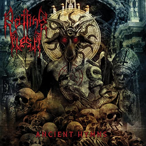 CD cover for Rotting Flesh’s “Ancient Hymns” featuring demonic imagery and skulls.