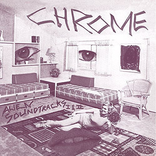 "Album cover with a man lying on the floor, surrounded by futuristic decor."