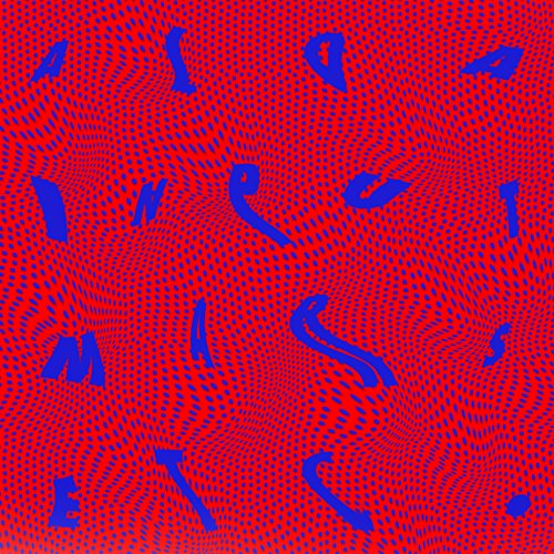 The image shows a red background with blue text. Alt text: Red background with scattered, distorted blue text.