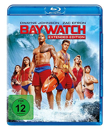 "Blue-ray case with 'Baywatch' cover art featuring Dwayne Johnson and Zac Efron."