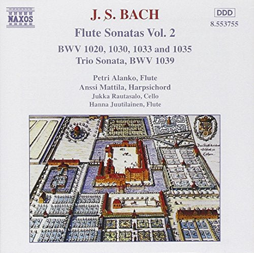 CD cover for Bach's Flute Sonatas Vol. 2, featuring a baroque garden illustration.