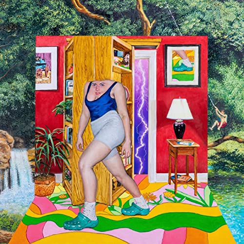 Surreal album cover featuring a person emerging from a wooden wardrobe.
