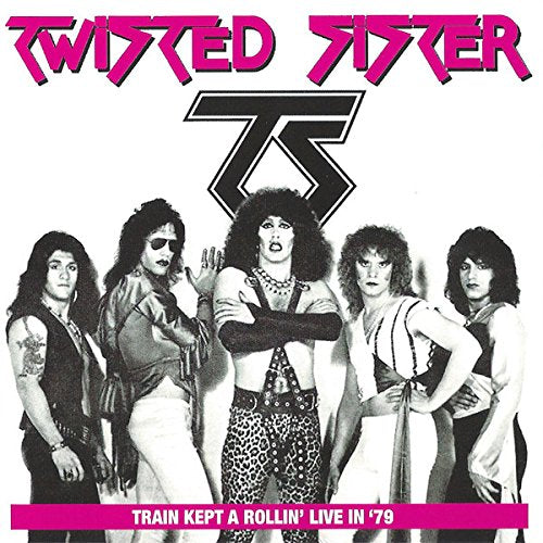 Twisted Sister band portrait in black and white, pink logo and text.