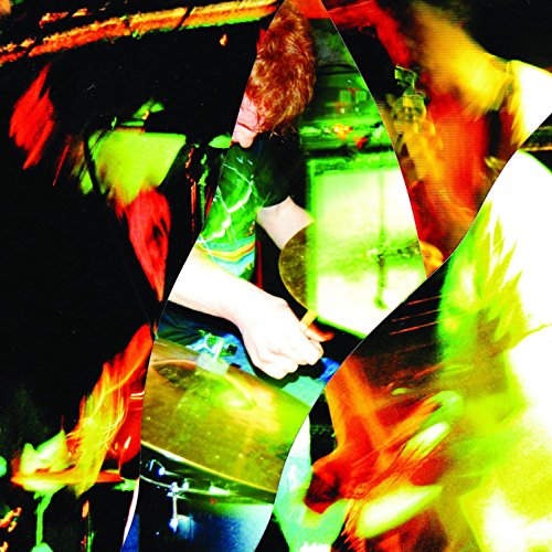 Collage of a drummer performing, vibrant green and red color scheme.