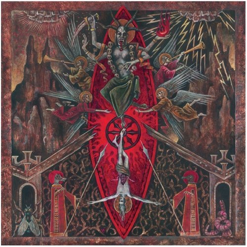 Dark fantasy painting of a horned, multi-armed figure on a throne.