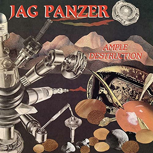 Album cover for Jag Panzer’s “Ample Destruction” featuring mechanical parts and terrain.