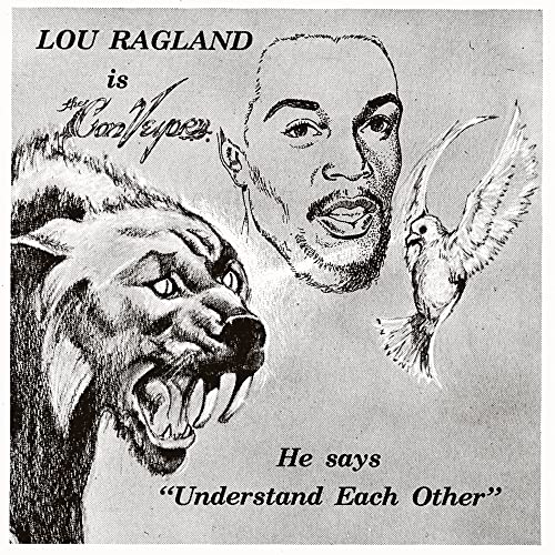 Black and white album cover featuring a portrait, lion, and dove.