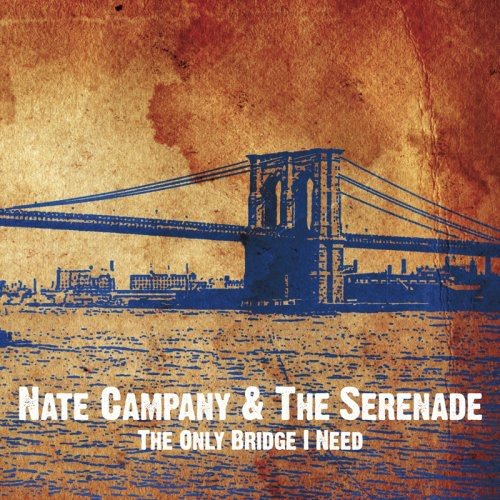 "Album cover with a blue bridge illustration on a textured, orange-brown background."