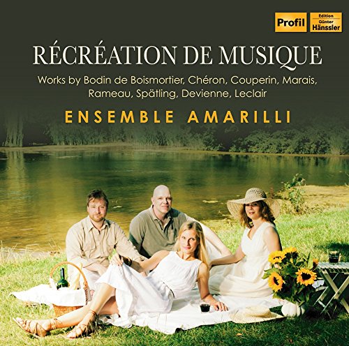 "CD cover with four people in white having a picnic by a lake."