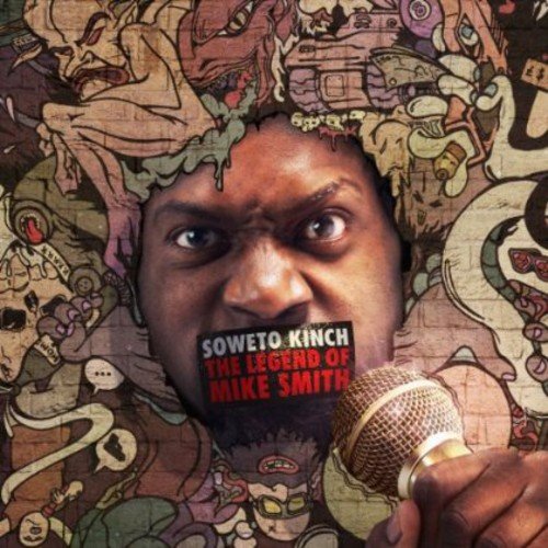 Album cover featuring a man holding a microphone, surrounded by cartoon characters.