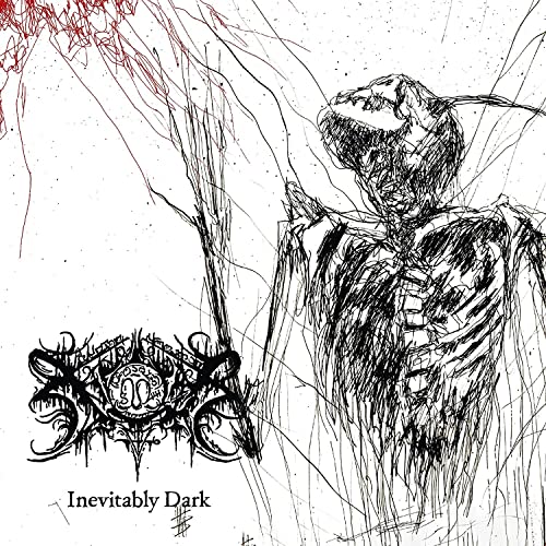 Black and white sketch of a skeletal figure with ornate crest below.