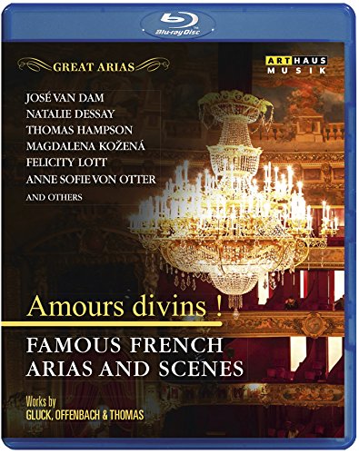 "Blu-ray case with chandelier image, featuring opera singer names and 'Amours divins' text."