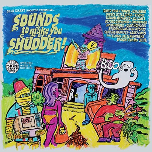 CD cover: colorful, cartoon haunted house with monsters and spooky details.