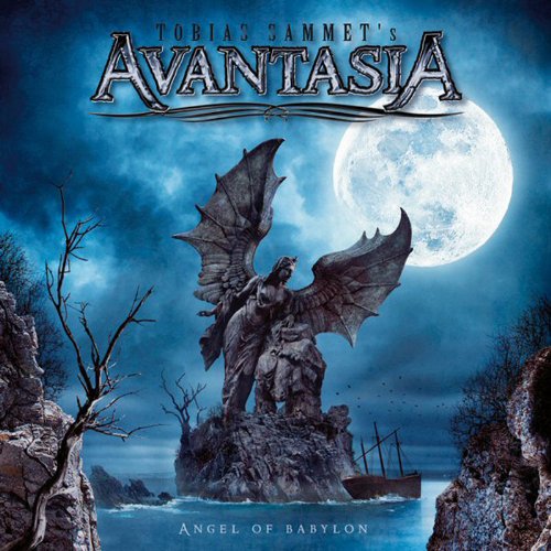 "Album cover featuring a dark winged figure on a rocky outcrop under a full moon."