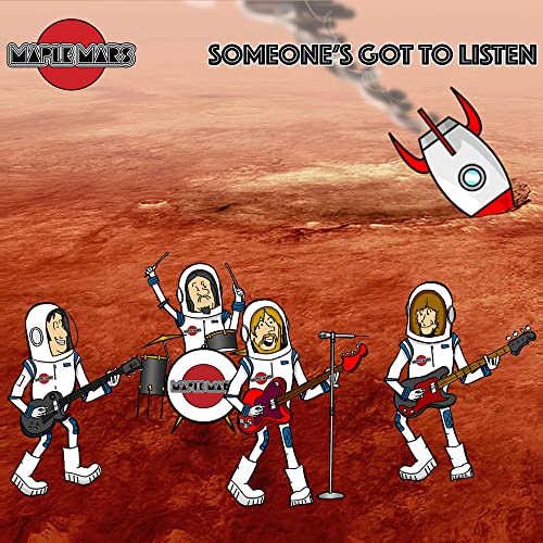 Cartoon band in spacesuits playing on a Mars-like landscape.