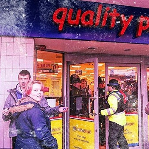 A CD case cover featuring a snowy scene of people outside a "quality p" store.