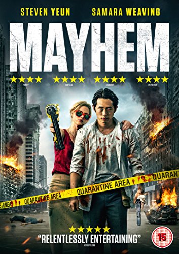 Mayhem" DVD cover featuring two people with guns amid urban destruction.