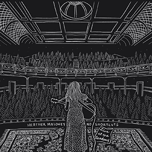 Black and white illustration of a singer with a guitar in a hall.