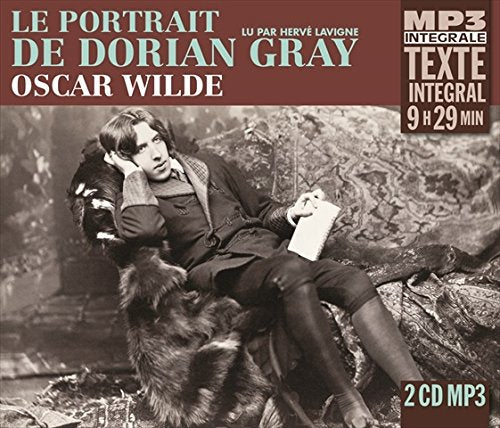 Audiobook cover with black-and-white image of reclining man and fur rug, maroon banner above.