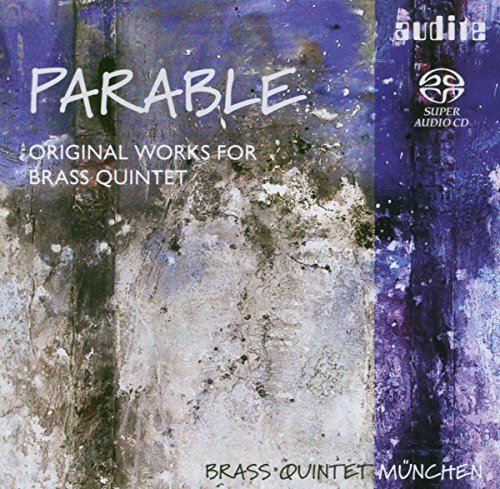 "CD cover with abstract blue and white background, titled 'Parable' with 'Brass Quintet Munchen' text."