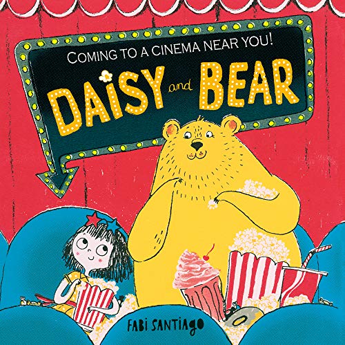 "Book cover featuring a girl and bear at the cinema, with popcorn and sweets."