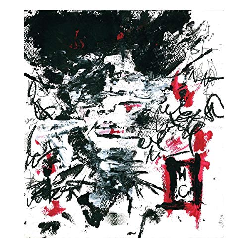 The alt text for the image is: "Abstract album cover with black, red, and white brushstrokes and scribbles."