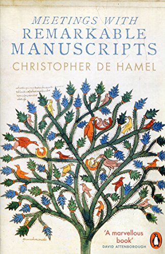 "Book cover with tree illustration and title 'Meetings with Remarkable Manuscripts' in blue and gold."