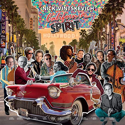 Album cover for "California Spirit" featuring musicians and a classic car.