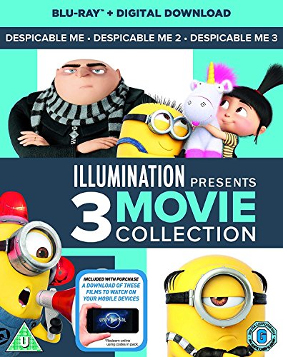 "Blu-ray cover featuring characters from Despicable Me 1-3 with Minions and Gru."