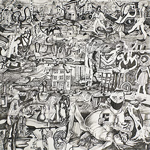 Black and white album cover with detailed, surrealist drawing of figures and structures.