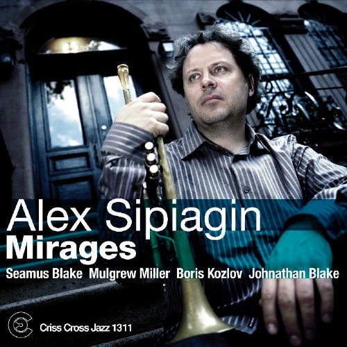 "Jazz album cover with man holding trumpet, dark background, and white text."