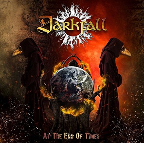 Darkfall album cover: two hooded figures surround a burning, cracked globe.
