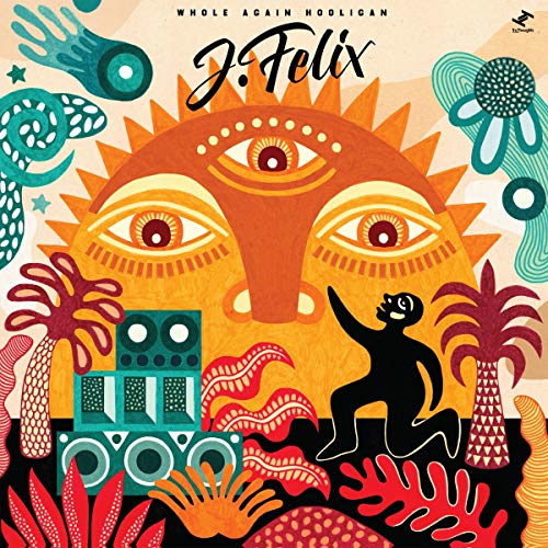 "Album cover art featuring a person dancing in front of a large sun face."