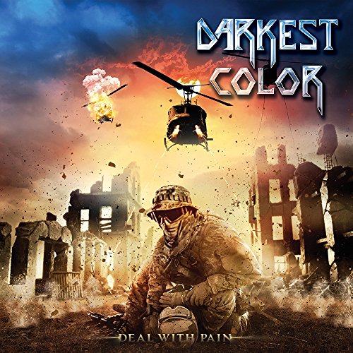 "Album cover with soldier kneeling amidst war-torn buildings, helicopters, and explosions."