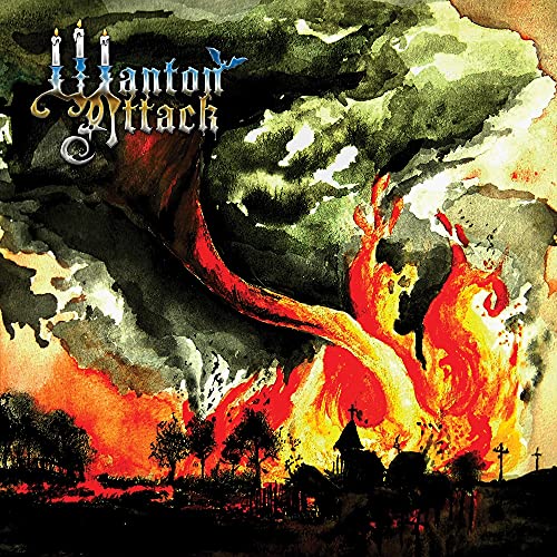 CD cover: fiery dragon over a village, dark watercolor style.