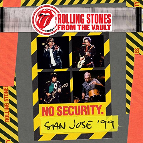 "CD cover with Rolling Stones band members performing, yellow and black caution tape design."