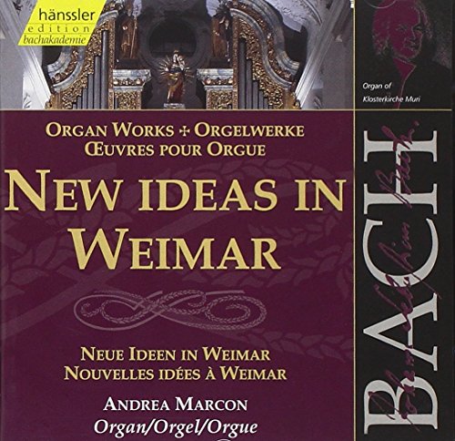 Burgundy CD cover with "New Ideas in Weimar" in gold lettering and ornate organ image.