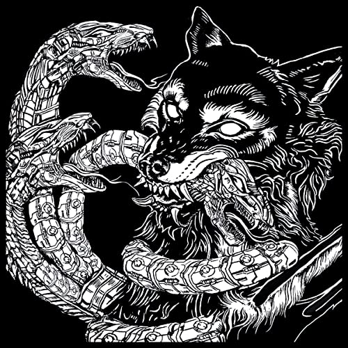 Black and white illustration of a wolf’s head entwined with mechanical snakes.