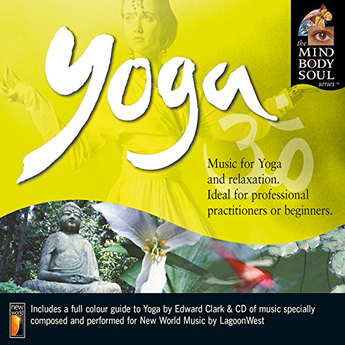 "CD cover with 'Yoga' title, Buddha image, and water lilies on a yellow background."