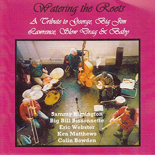 Album cover with musicians playing instruments, on a pink background.