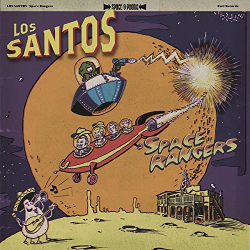 Vinyl record cover: cartoon spaceship, alien, and musicians on a moon.