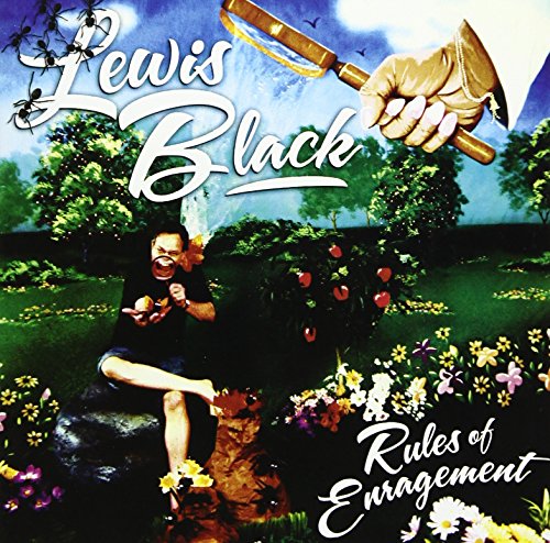 Lewis Black album cover: man yelling in a garden with a magnifying glass.